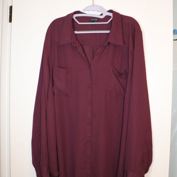 Torrid Size 4 Madison Georgette Button-Up Long Sleeve Shirt Burgundy - Picture 2 of 4